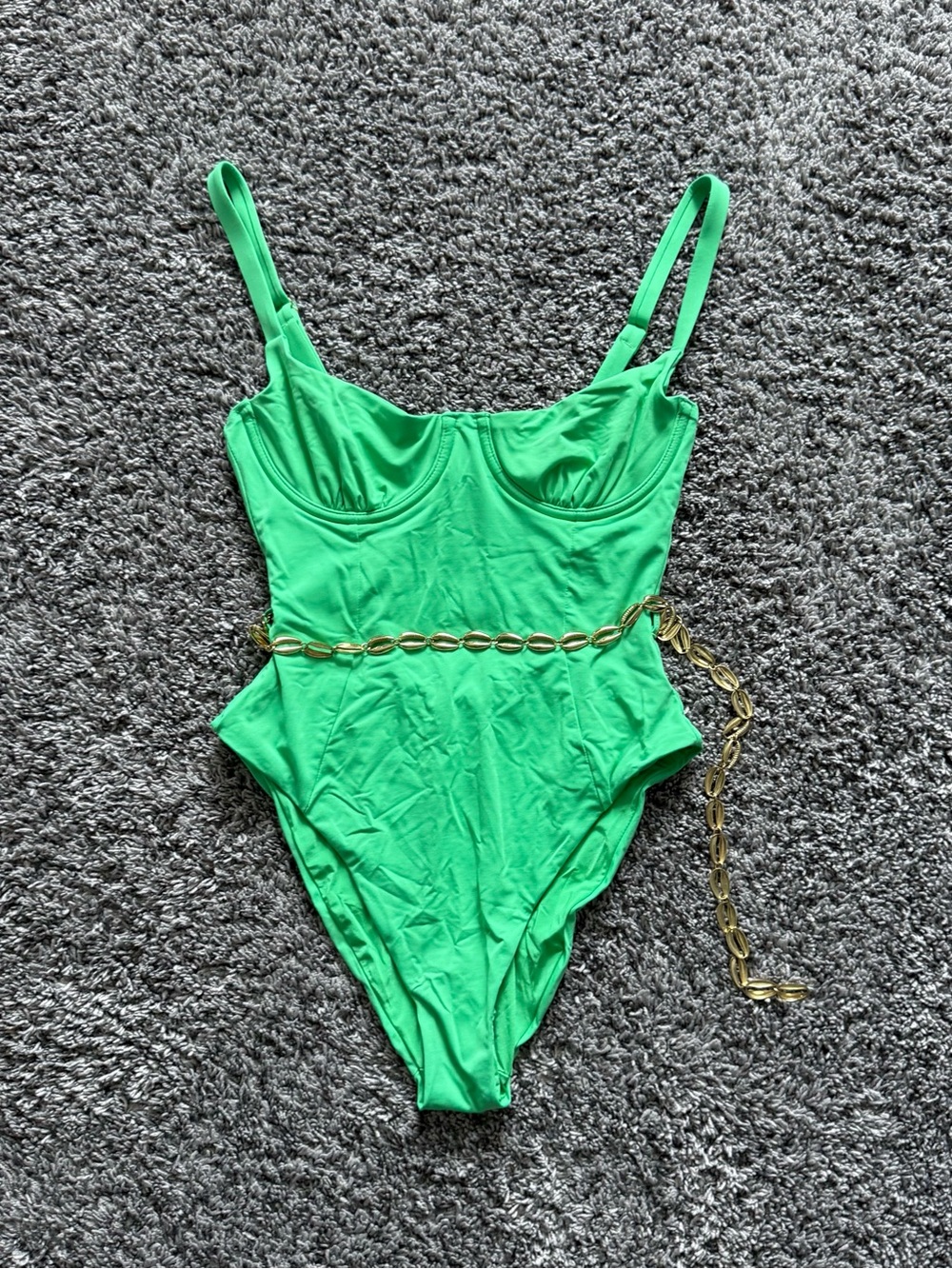WeWoreWhat Green One-Piece Swimsuit with Gold Shell Chain Accent